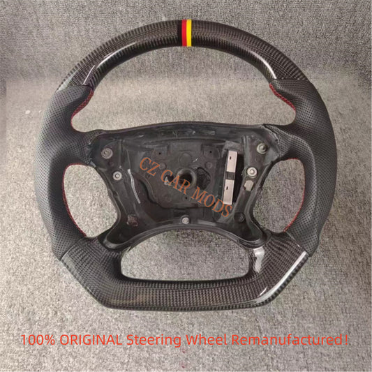 Custom Perforated Leather Real Carbon Fiber Steering Wheel Auto Accessory Tricolor Center Strip Fit For BENZ E 2004 2005 2006 2007 2008 Remanufactured