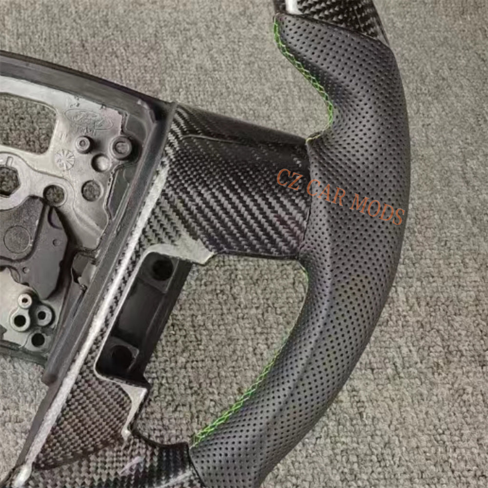 Custom Brand New Carbon Fiber Perforated Leather Steering Wheel With Green Center Strip For 2009 2010 2011 2012 2013 2014 Ford F150 Raptor Auto Accessory