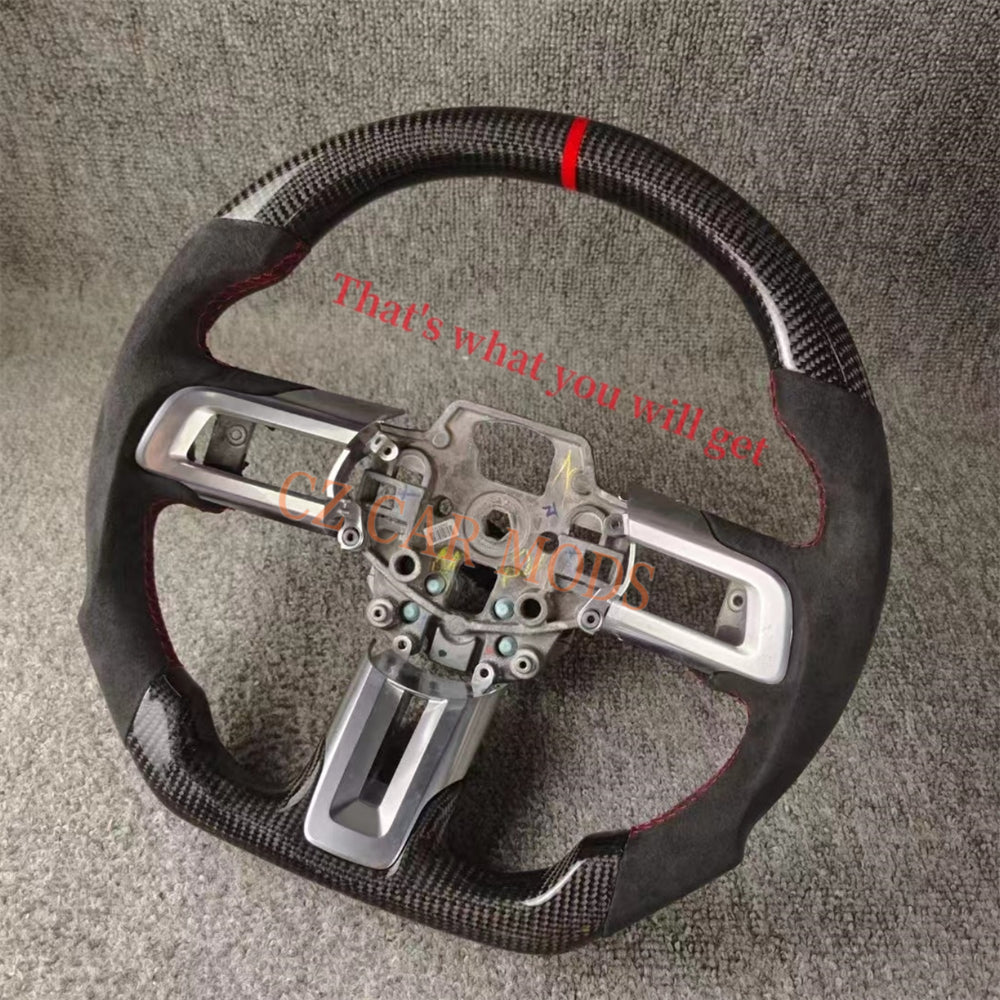 Custom Brand New Carbon Fiber Alcantara Steering Wheel With Red Center Strip For Ford Mustang 2015 2016 2017 Auto Accessory