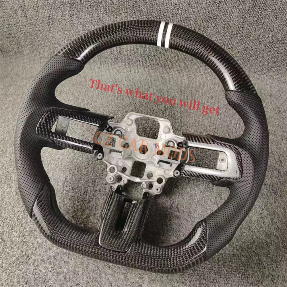 Custom Brand New Carbon Fiber Perforated Leather Steering Wheel With White Center Strip For Ford Mustang 2018 2019 2020 Auto Accessory