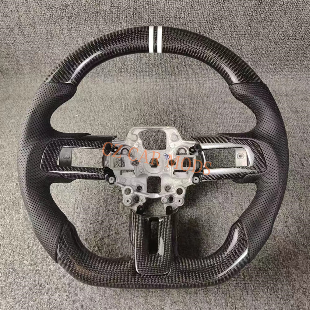 Custom Brand New Carbon Fiber Perforated Leather Steering Wheel With White Center Strip For Ford Mustang 2018 2019 2020 Auto Accessory