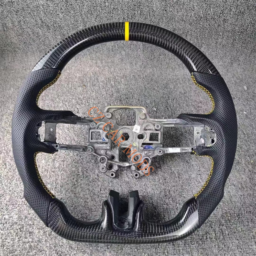 Custom Brand New Carbon Fiber Perforated Leather Steering Wheel With Yellow Center Strip For Ford Mustang 2018 2019 2020 Auto Accessory