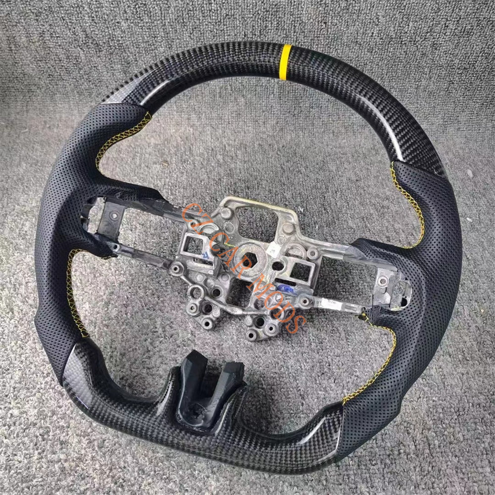 Custom Brand New Carbon Fiber Perforated Leather Steering Wheel With Yellow Center Strip For Ford Mustang 2018 2019 2020 Auto Accessory