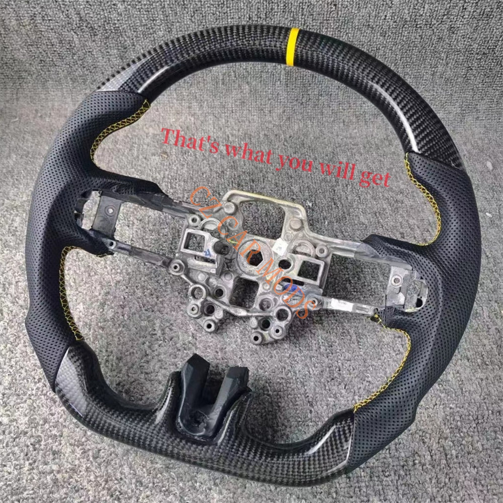 Custom Brand New Carbon Fiber Perforated Leather Steering Wheel With Yellow Center Strip For Ford Mustang 2018 2019 2020 Auto Accessory