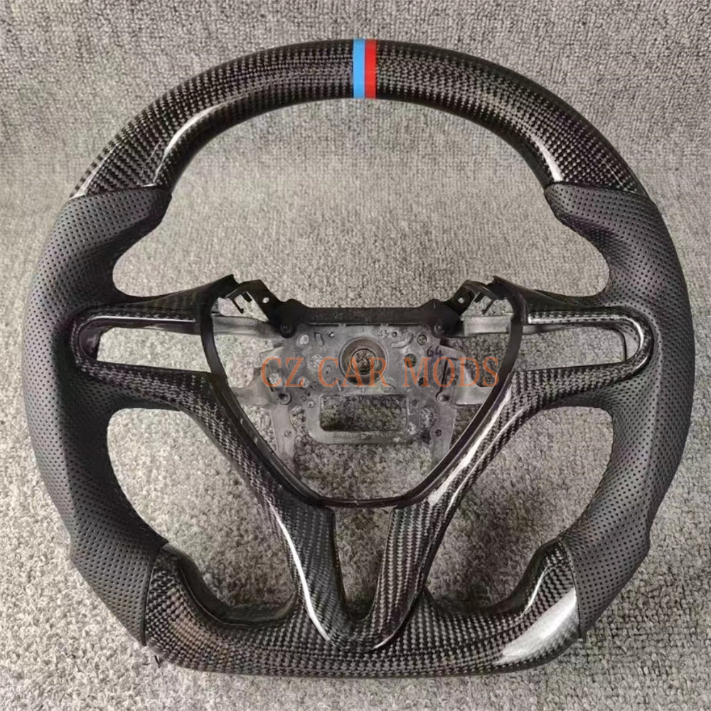 Custom Perforated Leather Real Carbon Fiber Steering Wheel With Blue And Red Center Strip Auto Accessory For Honda Jazz 2009 2010 2011 2012 2013 2014 Remanufactured