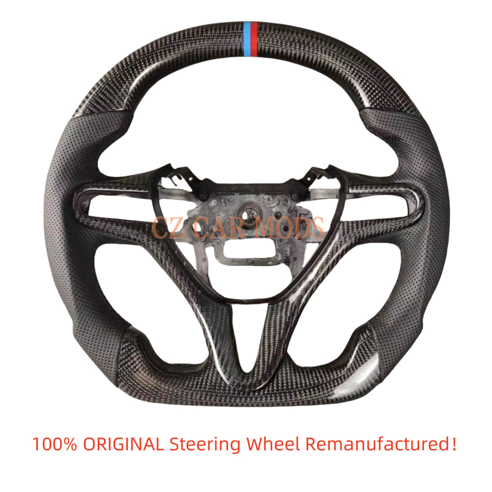 Custom Perforated Leather Real Carbon Fiber Steering Wheel With Blue And Red Center Strip Auto Accessory For Honda Jazz 2009 2010 2011 2012 2013 2014 Remanufactured