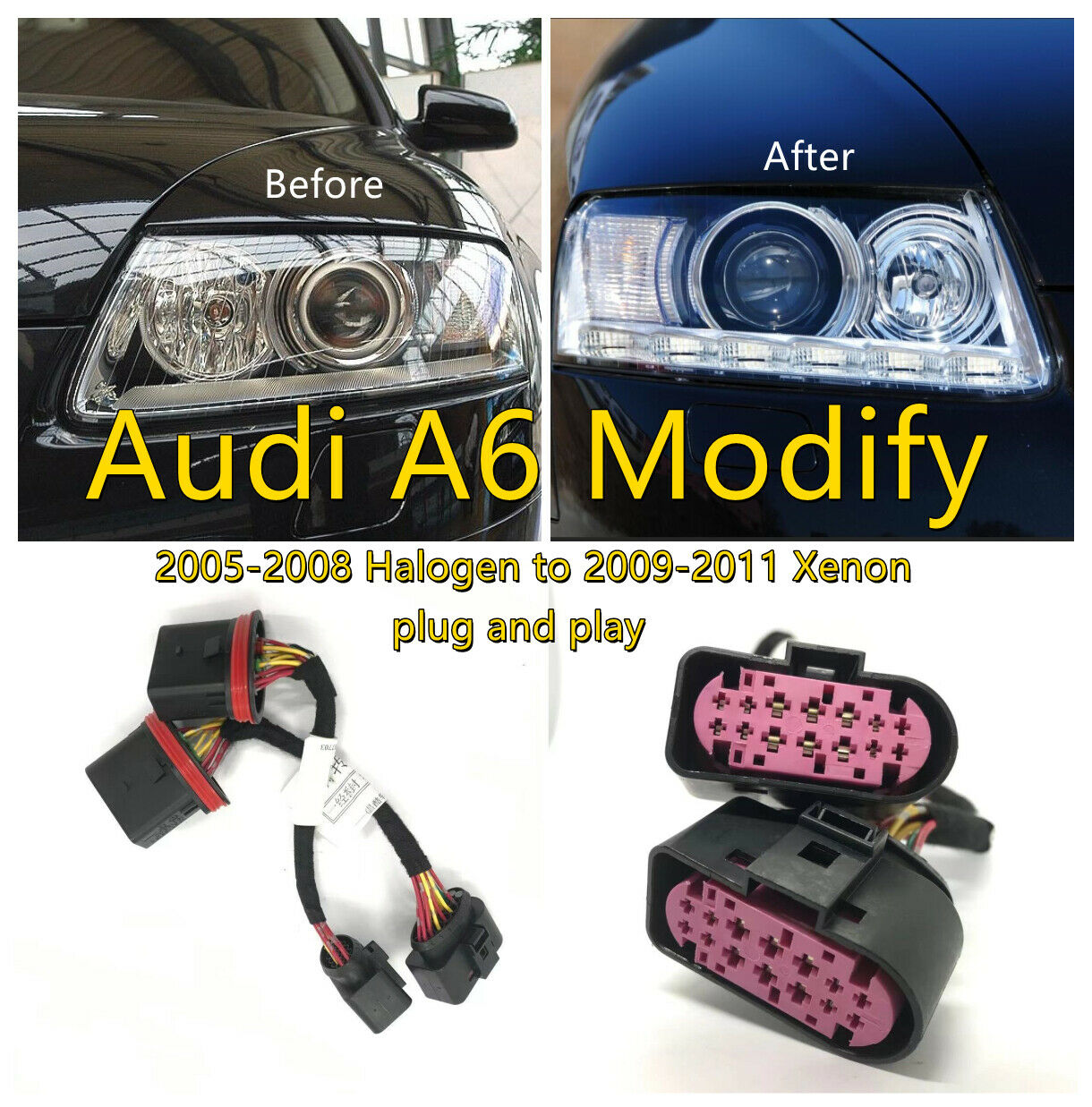 Adapter Wire Harness for 05 06 07 08 Audi A6 Headlight Modify Halogen to Xenon