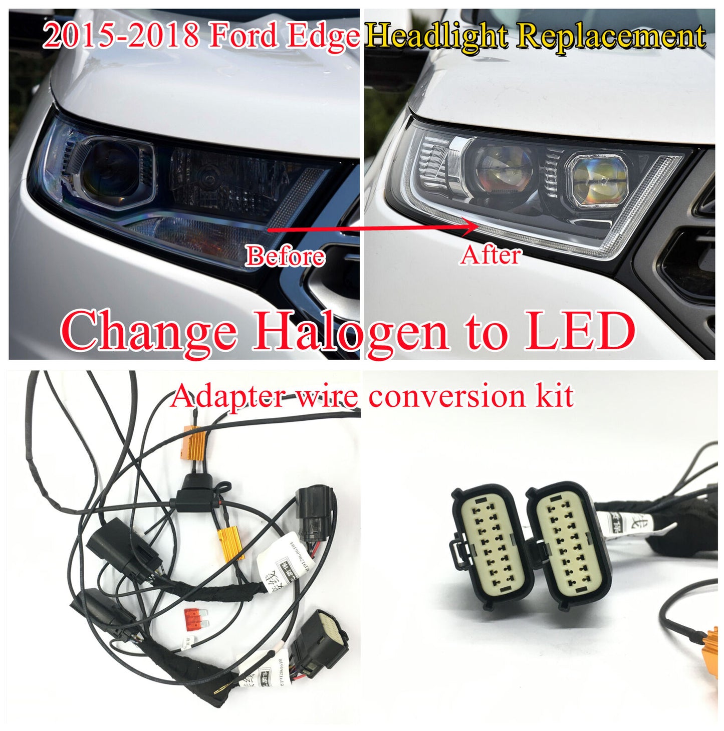 2015-2018 Ford Edge Headlight Replacement Change Halogen to LED Adapter Wire