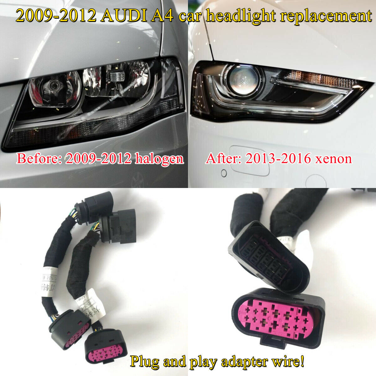 Adapter Wire for 2009 10 11 12 Audi A4 Headlight modified Halogen to 2016 Xenon