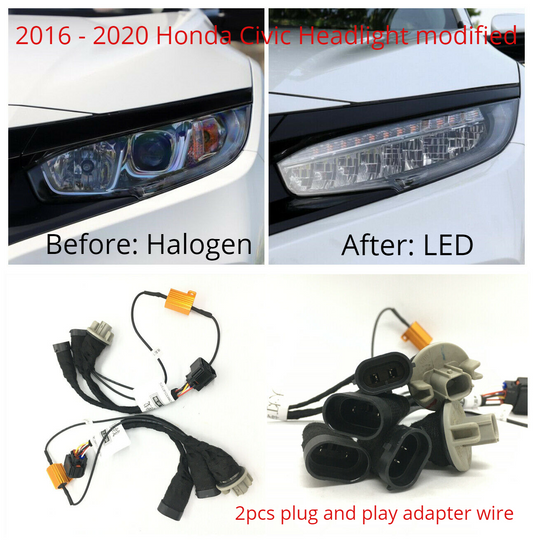 Set Halogen to LED Headlight Adapter Wire Harness For 2016-2020 Honda Civic 10th